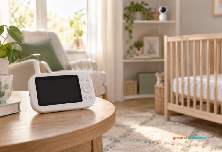 Babyphone-Empfänger auf einem Beistelltisch vor einem leeren Kinderbett