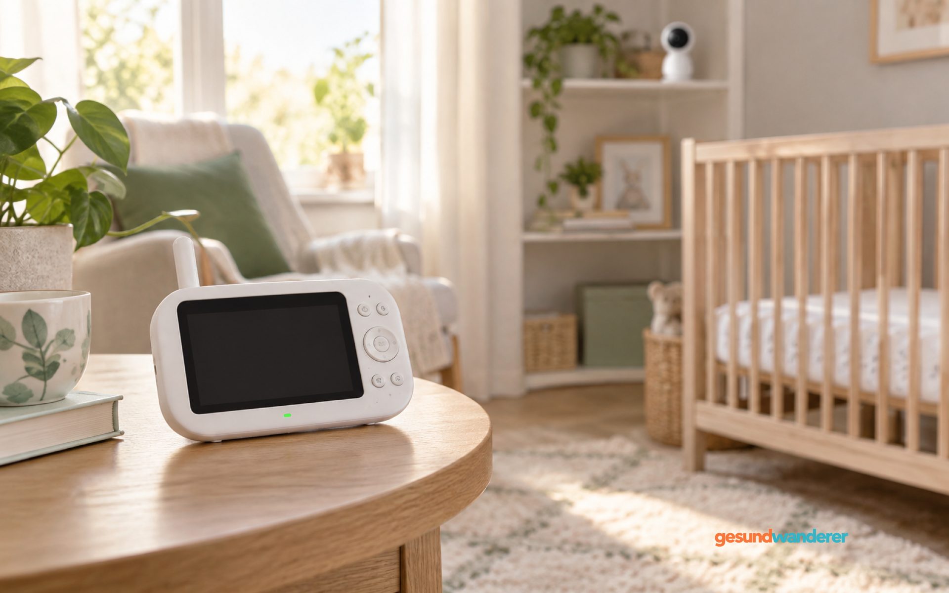 Babyphone-Empfänger auf einem Beistelltisch vor einem leeren Kinderbett