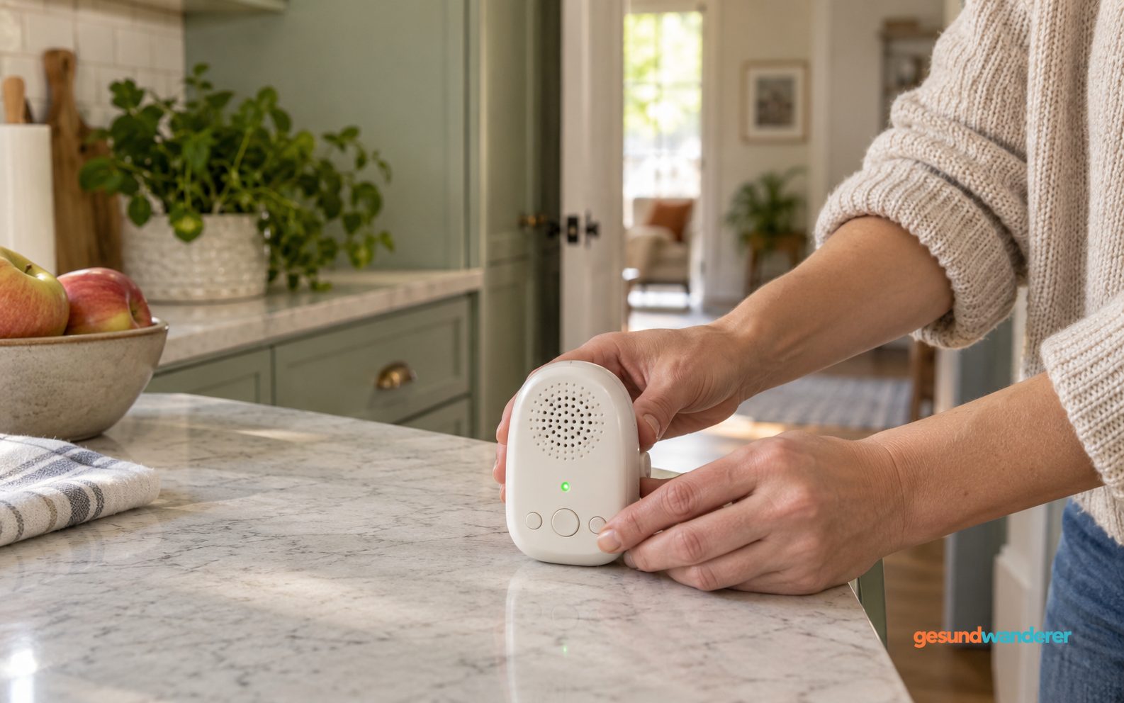 Hände prüfen einen Audio-Babyphone-Empfänger in einer Küche