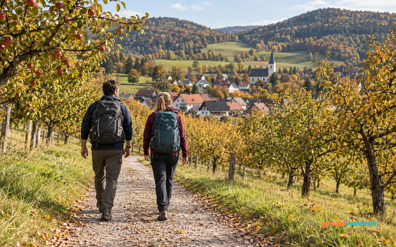 Zwei Wanderer gehen zwischen Obstbäumen auf einen Ort im Tal zu