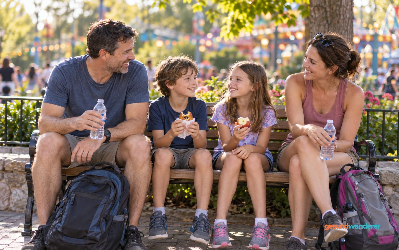 Familie bei einer Snackpause auf einer Bank im Freizeitpark