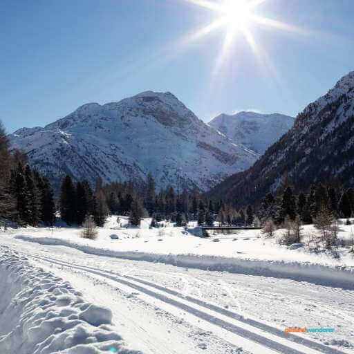 Verschneite Langlaufloipe vor Berggipfeln