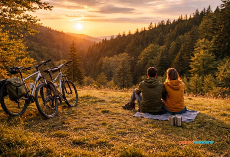 Zwei Menschen mit Fahrrädern bei einer Pause im Sonnenuntergang