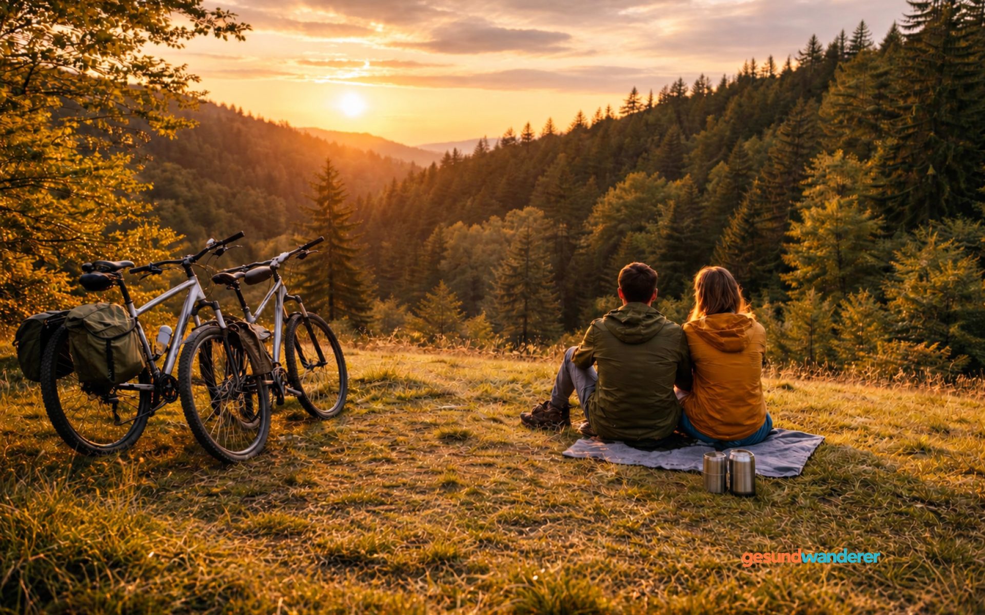 Zwei Menschen mit Fahrrädern bei einer Pause im Sonnenuntergang