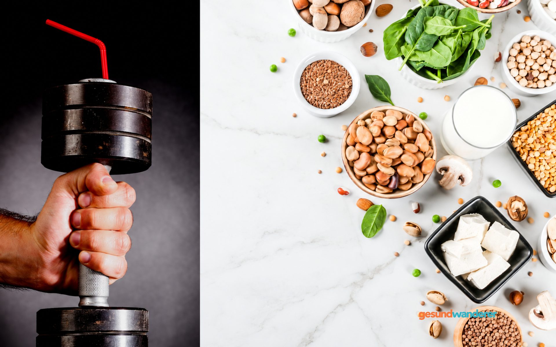 Hantel und pflanzliche Lebensmittel als Motive für vegane Sporternährung
