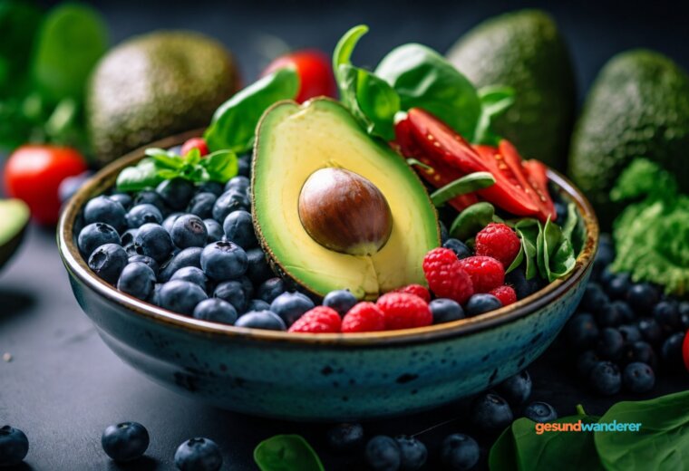 Schale mit Avocado, Beeren, Paprika und grünem Blattgemüse