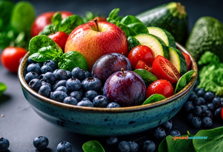 Blaubeeren, Tomaten, Zucchini, Pflaumen und Äpfel in einer Schale