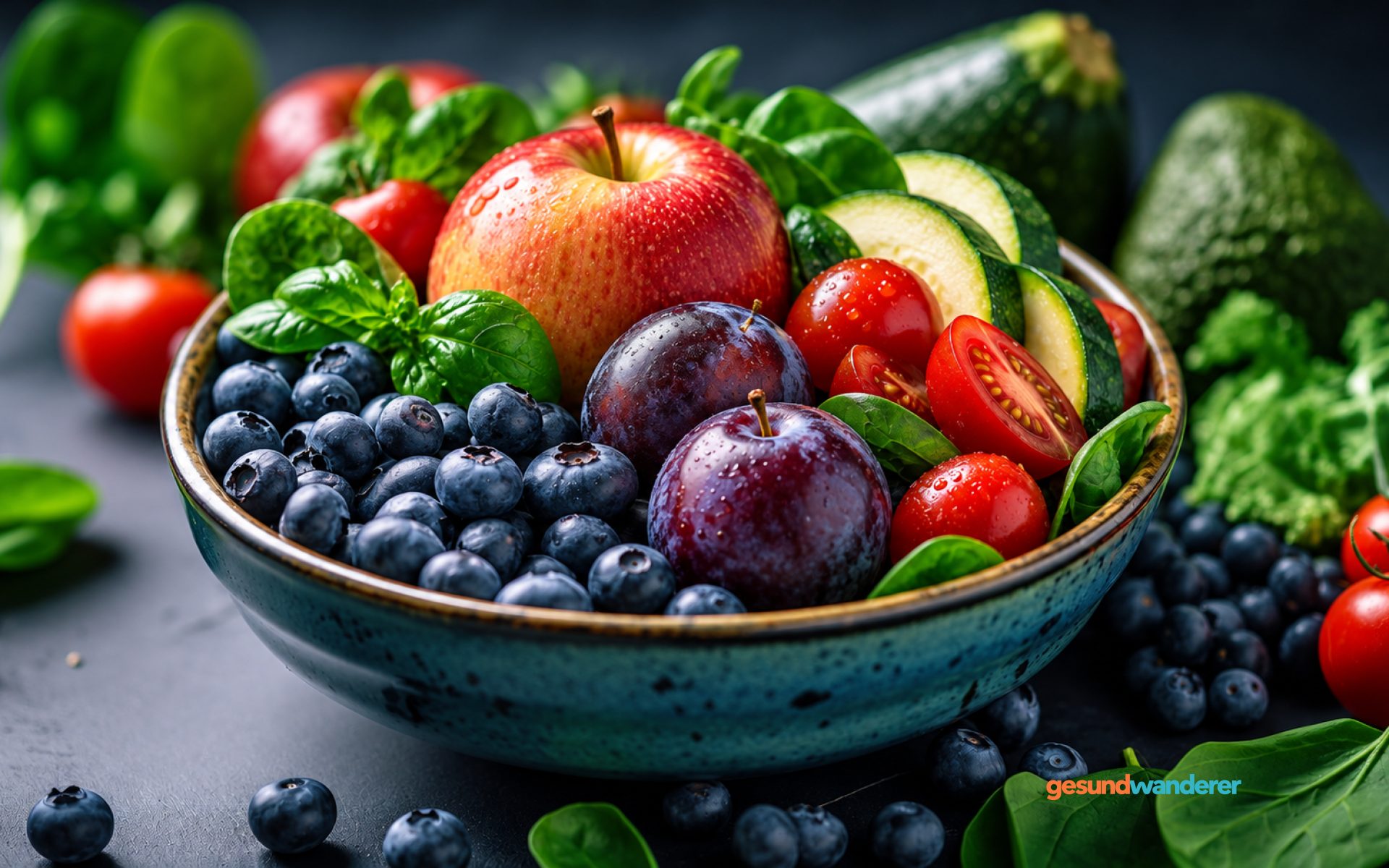 Blaubeeren, Tomaten, Zucchini, Pflaumen und Äpfel in einer Schale