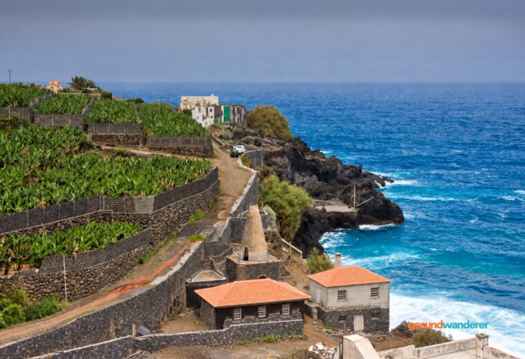 Küstenlandschaft auf La Palma mit Häusern, Bananenfeldern und Atlantik