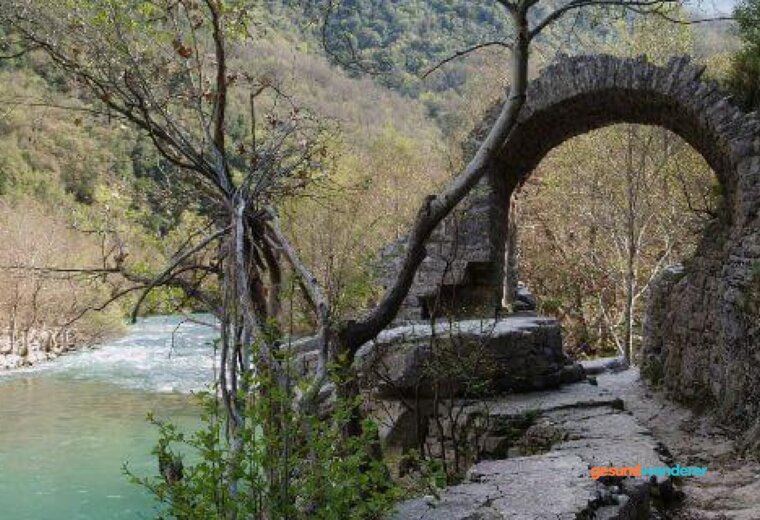 Illustration einer Flusslandschaft mit Steinbrücke