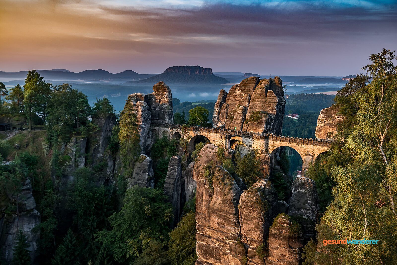 Basteibrücke zwischen Sandsteinfelsen und bewaldeten Hängen