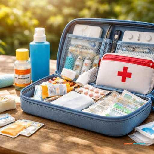 Geöffnete Reiseapotheke mit Verbandsmaterial
