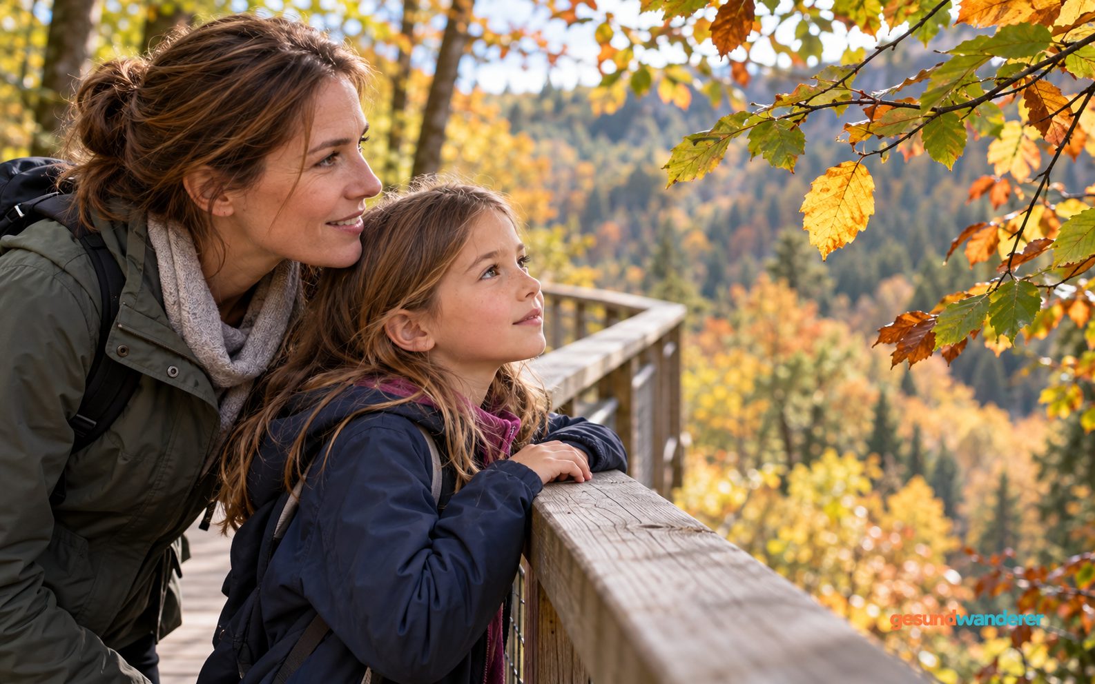 Ein Kind und eine Erwachsene betrachten Herbstblätter von einem Holzsteg aus
