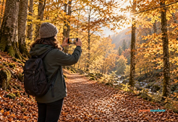 Person fotografiert mit dem Smartphone auf einem herbstlichen Waldweg