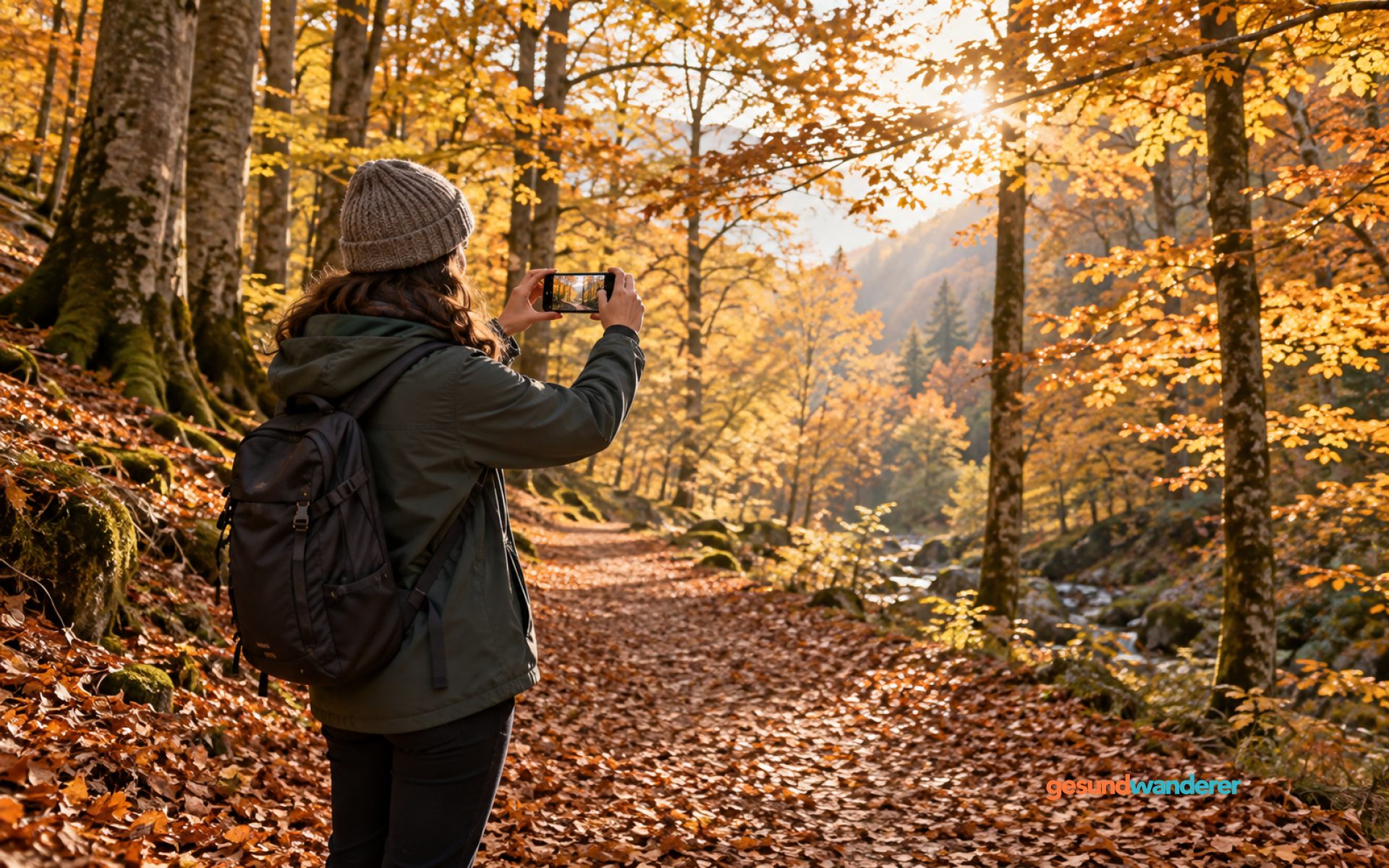 Person fotografiert mit dem Smartphone auf einem herbstlichen Waldweg