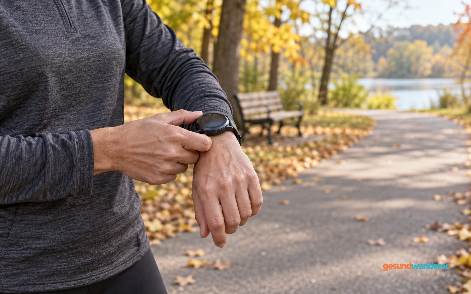 Hände stellen eine Sportuhr am Rand eines herbstlichen Parkwegs ein