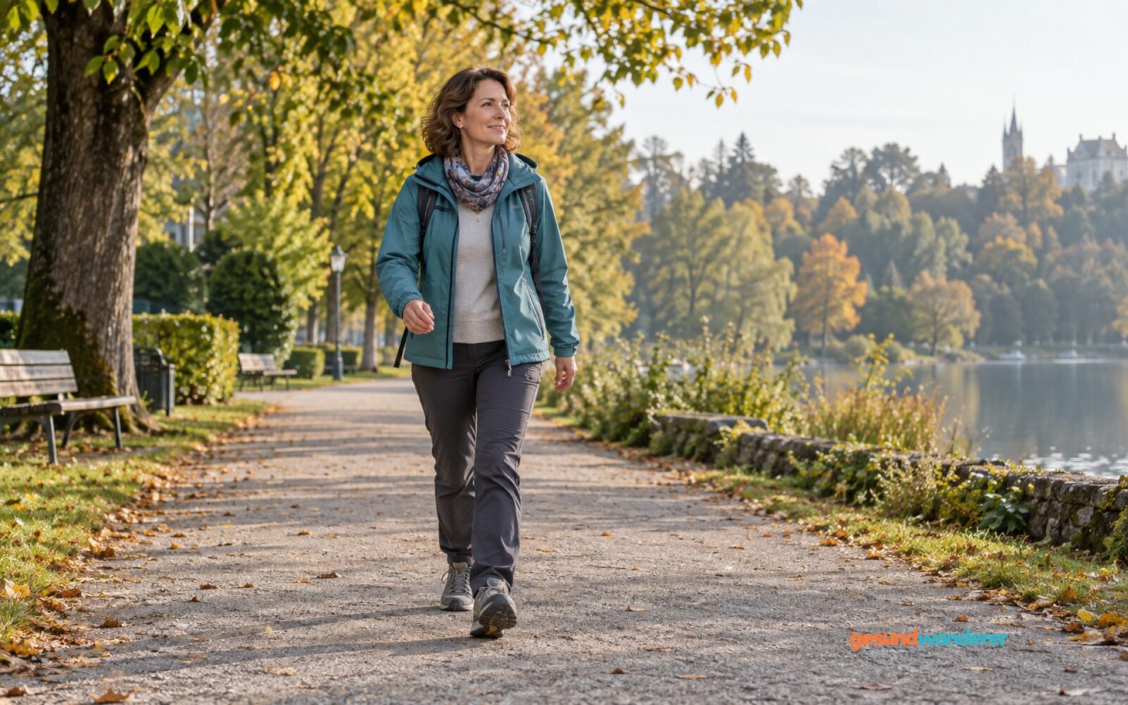 Frau geht zügig auf einem ebenen Parkweg zwischen herbstlichen Bäumen