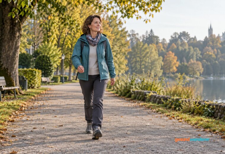 Frau geht zügig auf einem ebenen Parkweg zwischen herbstlichen Bäumen