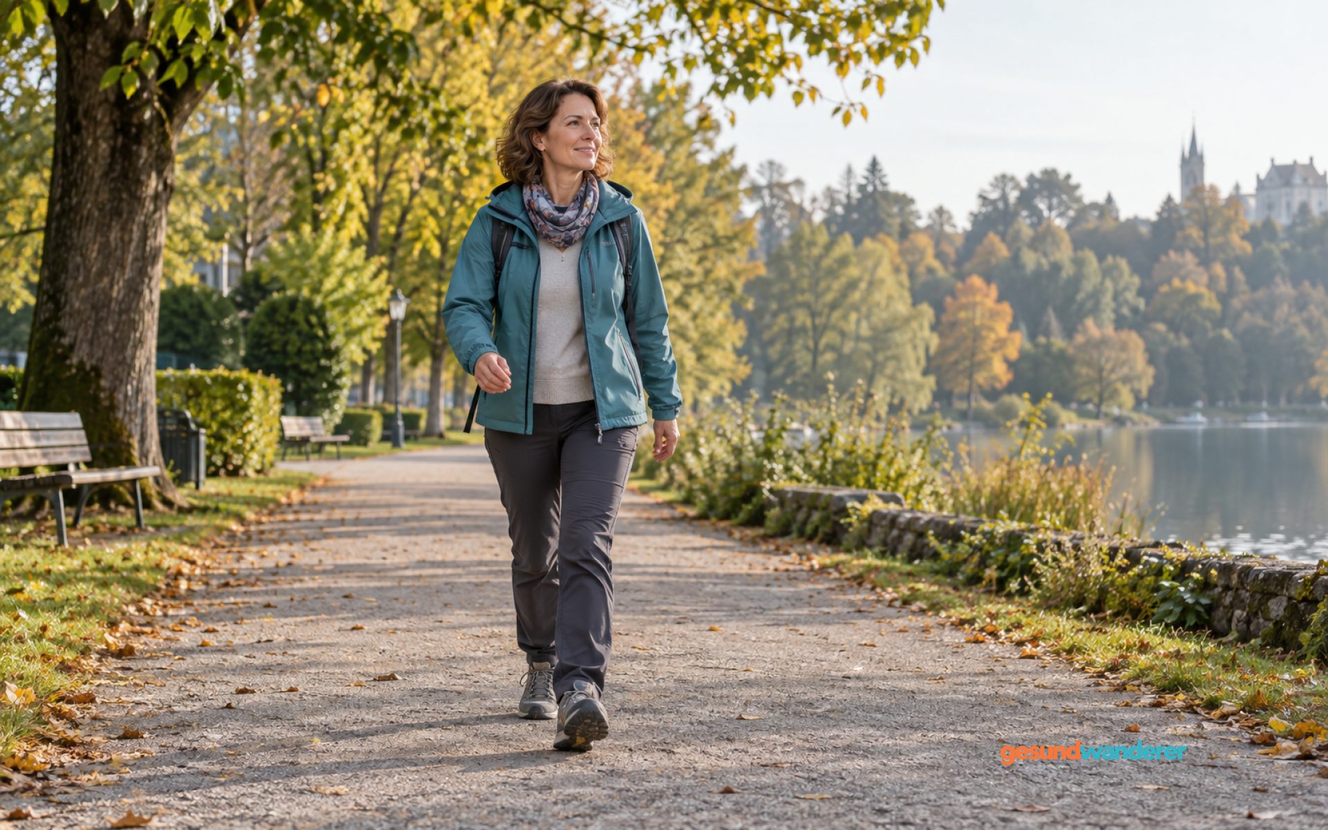 Frau geht zügig auf einem ebenen Parkweg zwischen herbstlichen Bäumen