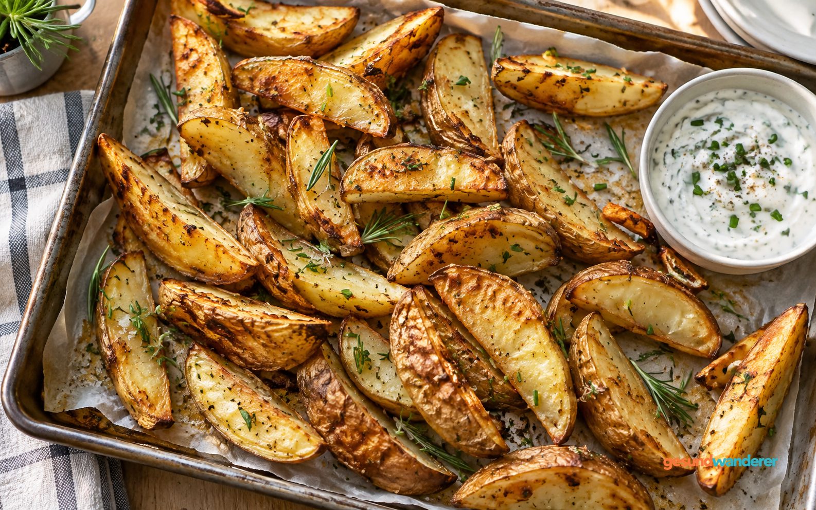 Goldbraune Kartoffelspalten auf einem Backblech mit Kräuterdip