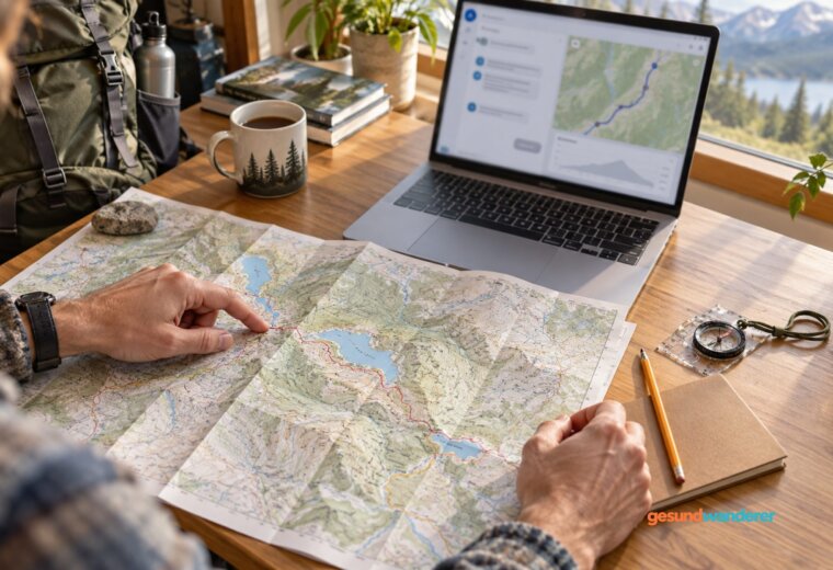 Hände vergleichen eine Papierkarte mit einer Routenansicht am Laptop