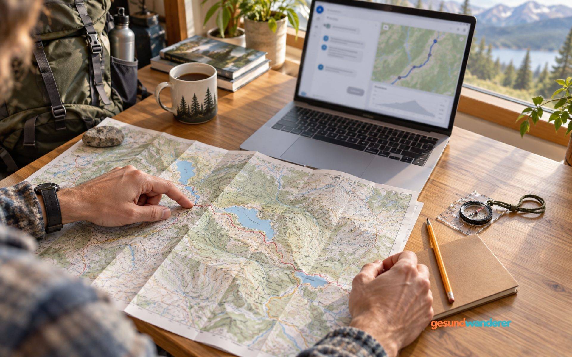 Hände vergleichen eine Papierkarte mit einer Routenansicht am Laptop