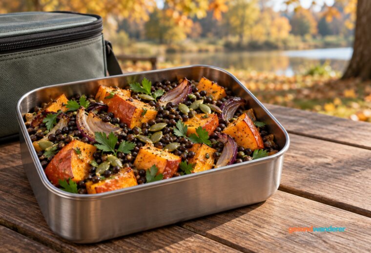 Lunchbox mit geröstetem Kürbis, dunklen Linsen, roten Zwiebeln, Petersilie und Kürbiskernen