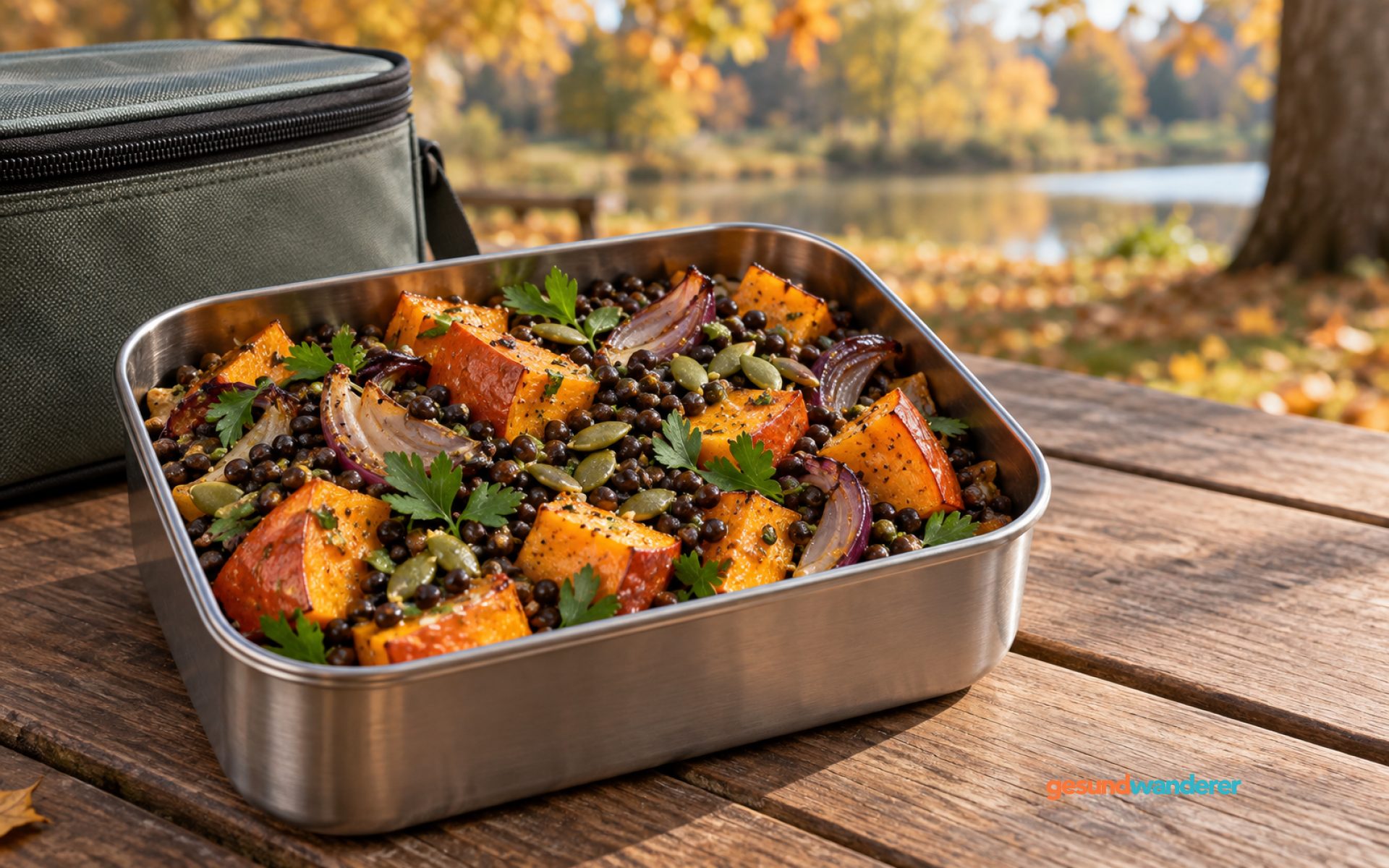 Lunchbox mit geröstetem Kürbis, dunklen Linsen, roten Zwiebeln, Petersilie und Kürbiskernen