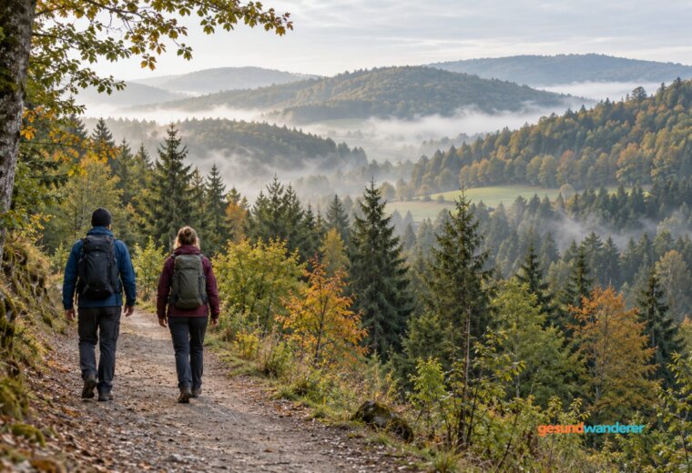 Zwei Wandernde auf einem Weg durch bewaldete Mittelgebirgshöhen