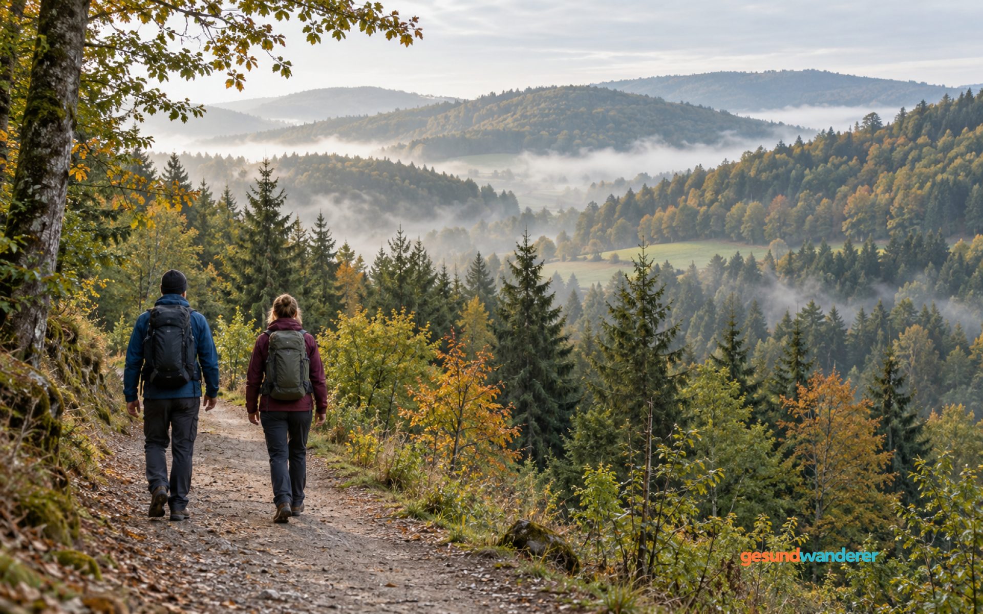 Zwei Wandernde auf einem Weg durch bewaldete Mittelgebirgshöhen