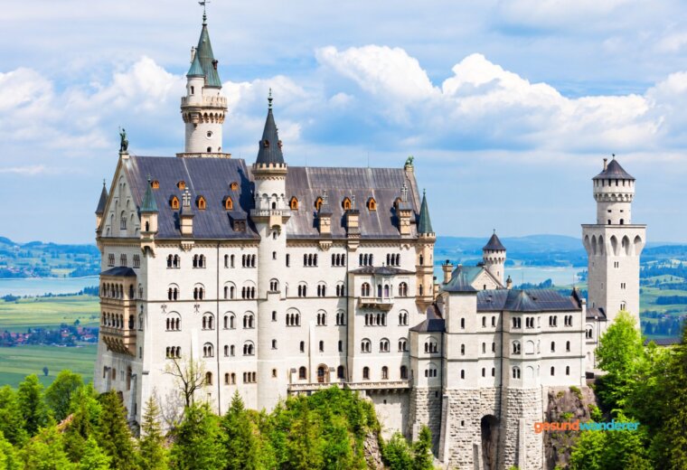 Schloss Neuschwanstein mit Wäldern und Seen im Hintergrund