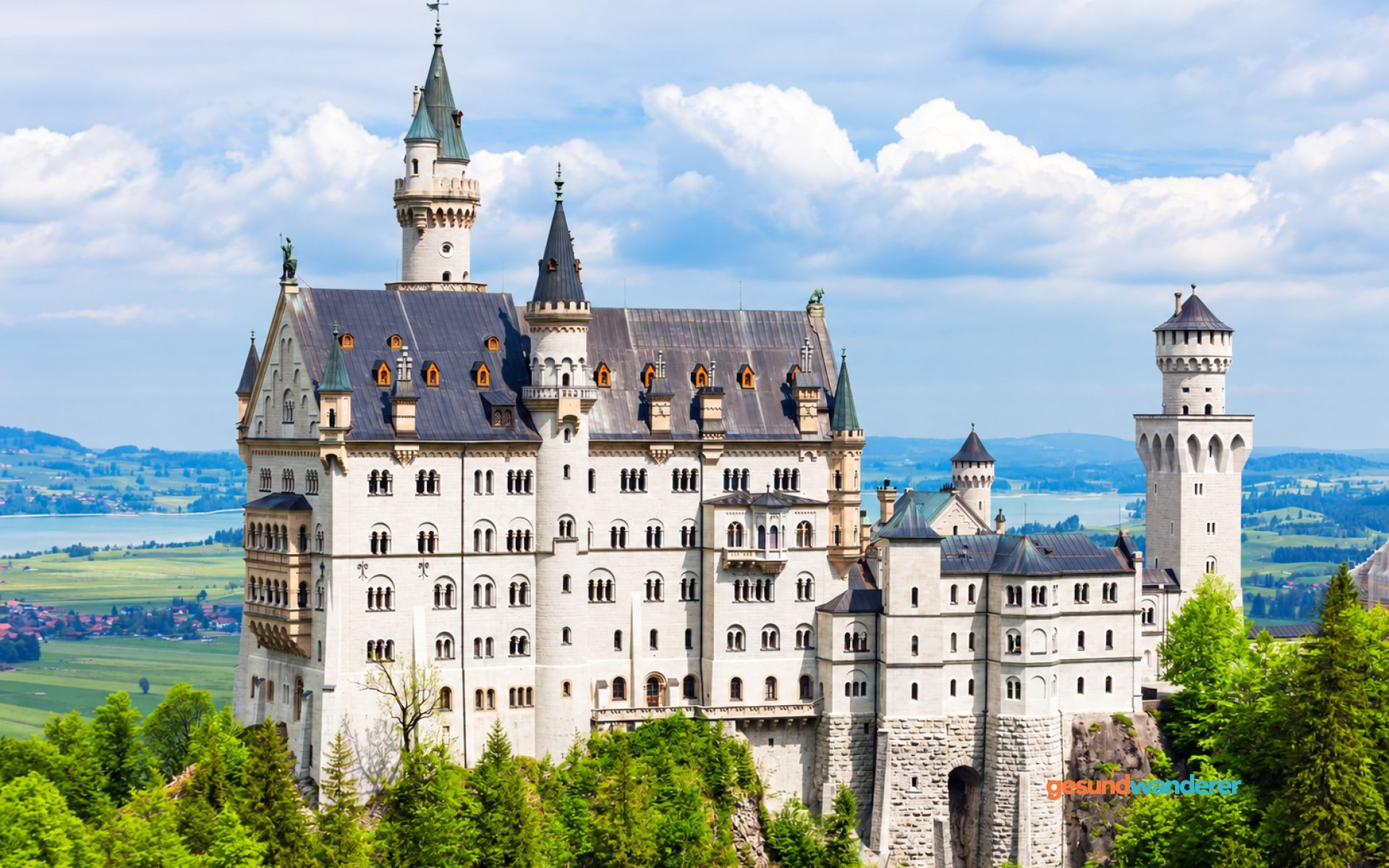 Schloss Neuschwanstein mit Wäldern und Seen im Hintergrund