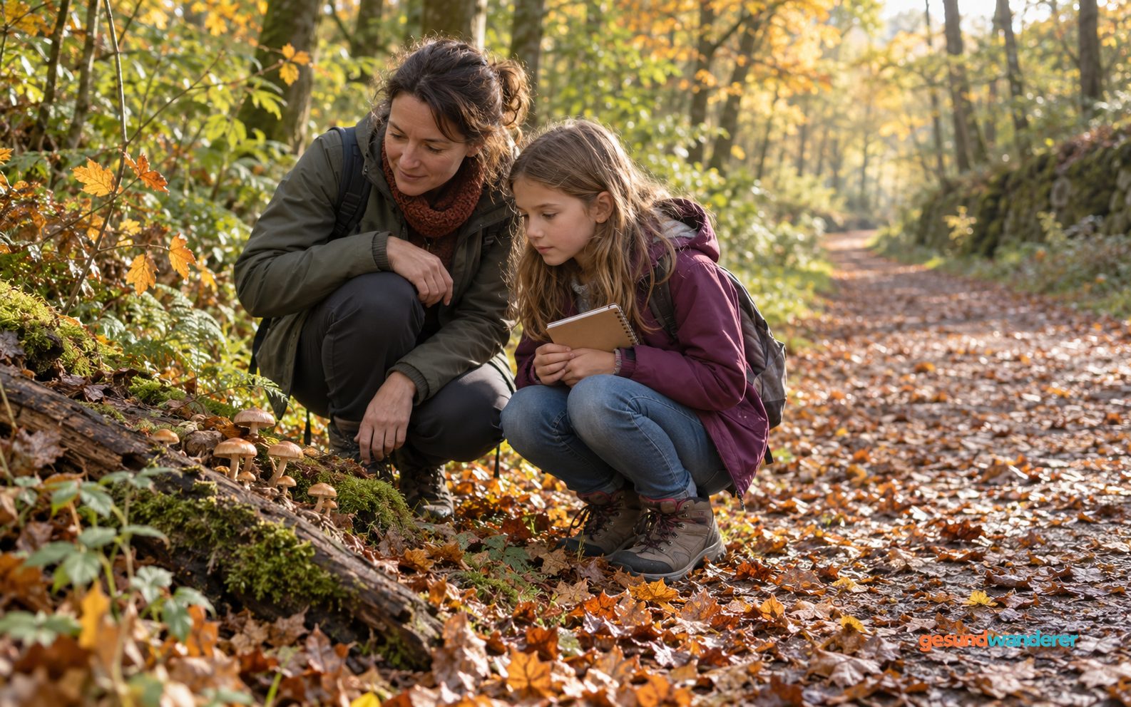 Mutter und Kind betrachten kleine Pilze am Waldwegrand ohne sie zu pflücken