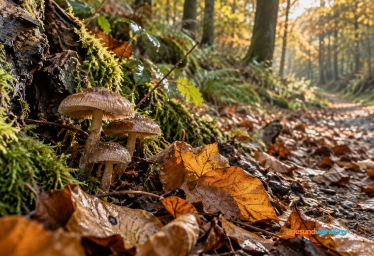 Kleine braune Pilze wachsen neben bemoostem Holz und feuchtem Herbstlaub