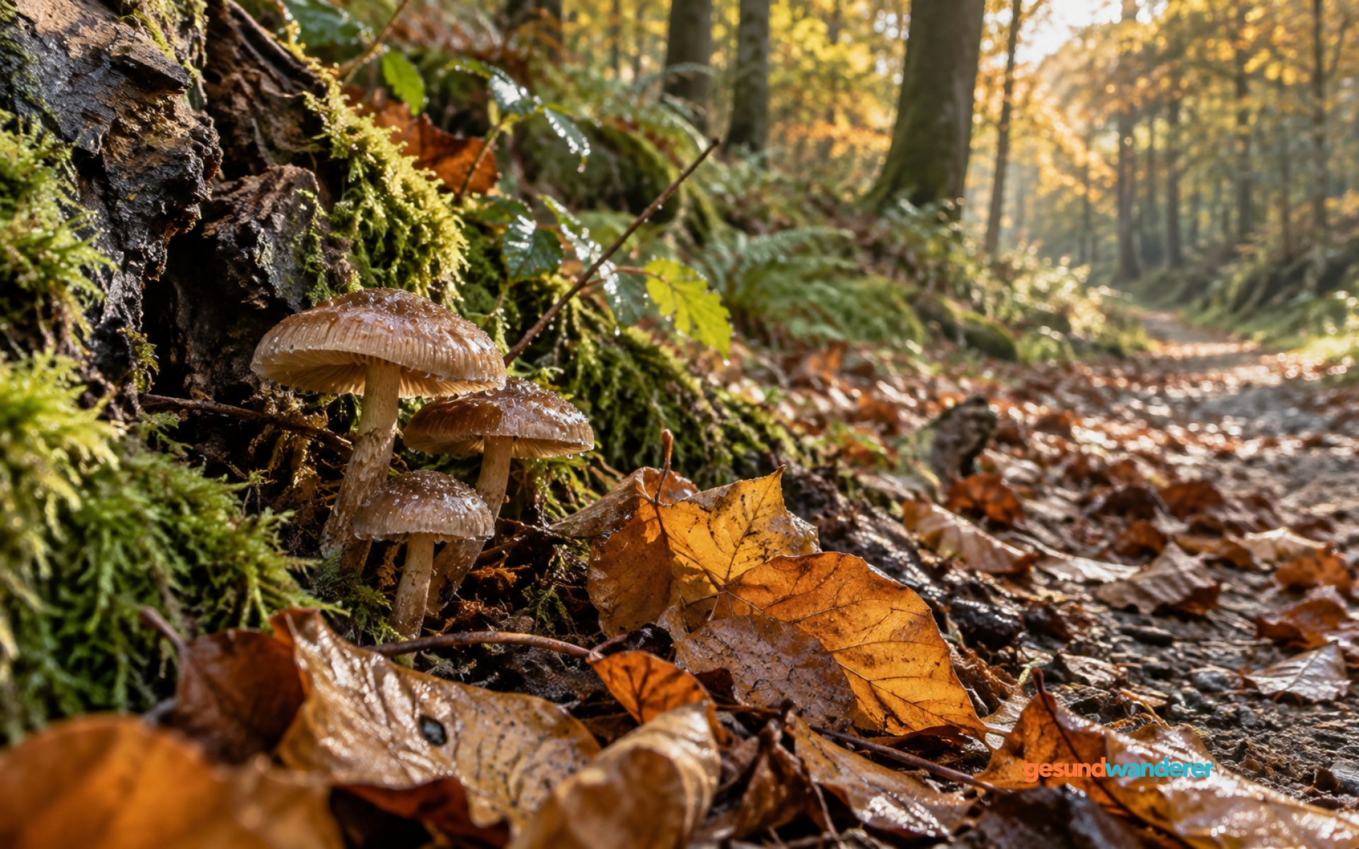 Kleine braune Pilze wachsen neben bemoostem Holz und feuchtem Herbstlaub