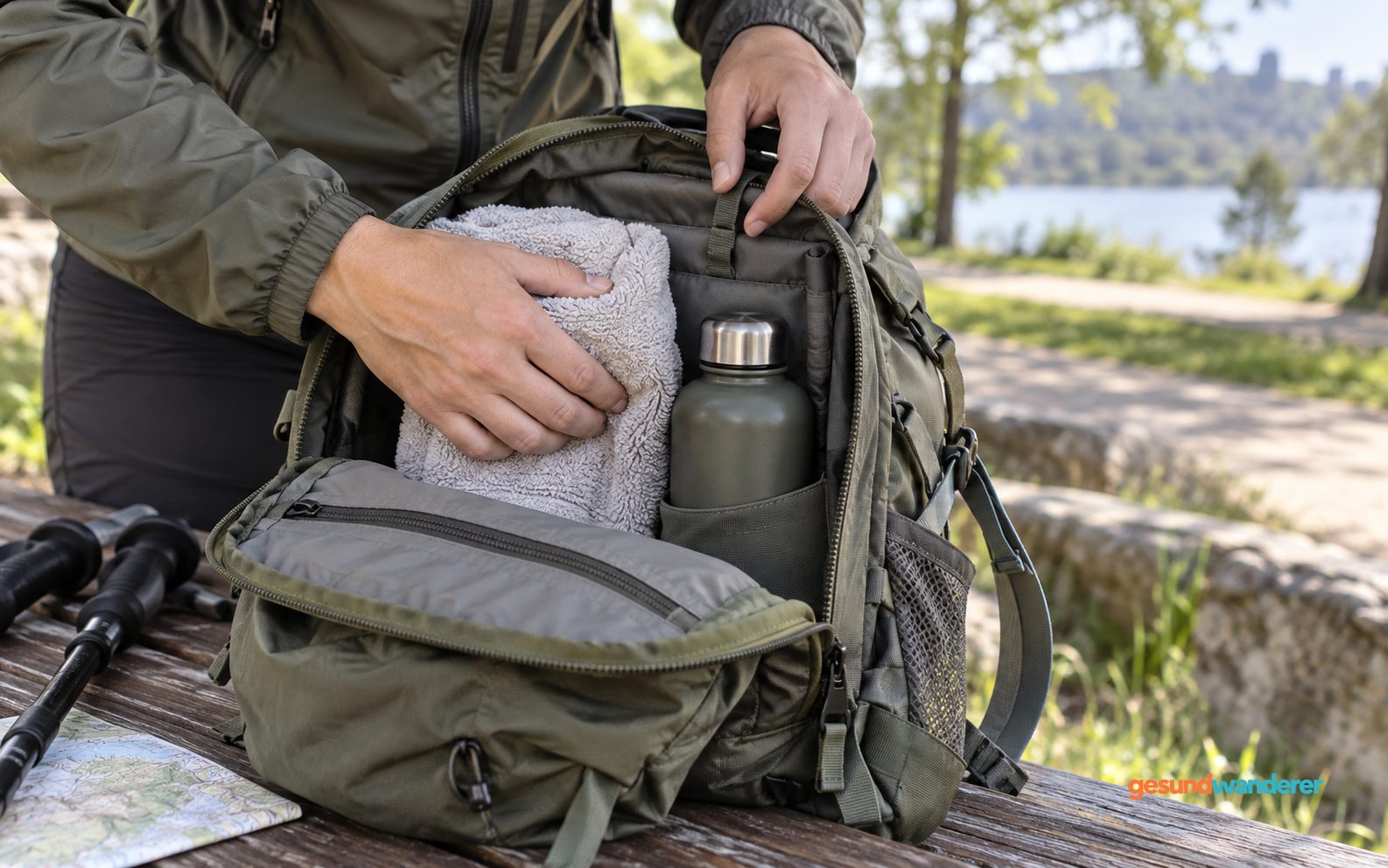 Hände polstern eine Trinkflasche mit einem Handtuch im geöffneten Rucksack
