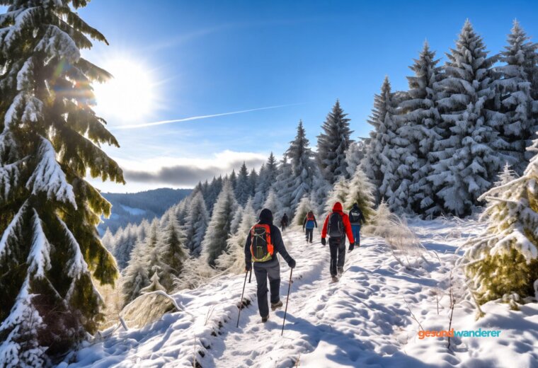 Wandernde auf einem verschneiten Waldweg zwischen Tannen