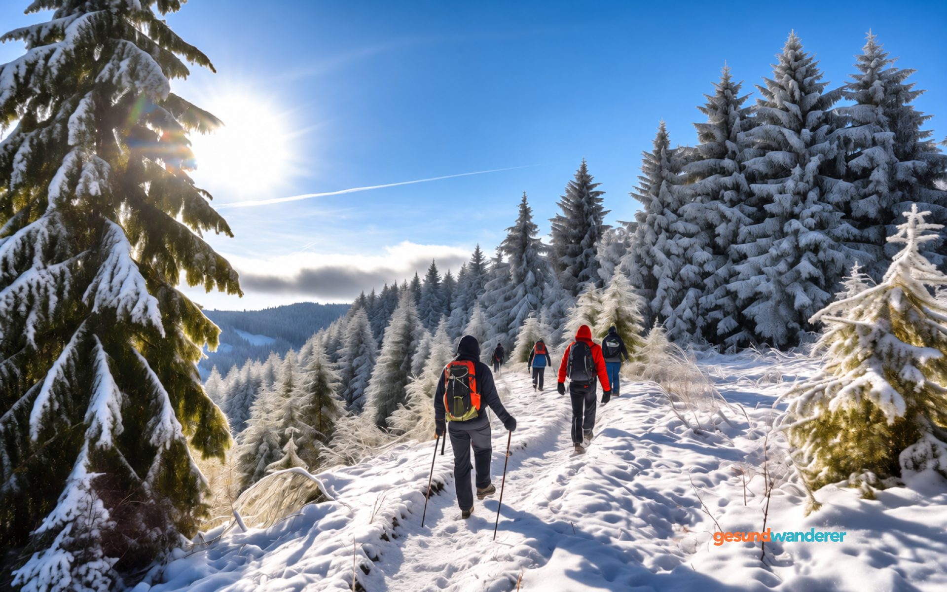 Wandernde auf einem verschneiten Waldweg zwischen Tannen