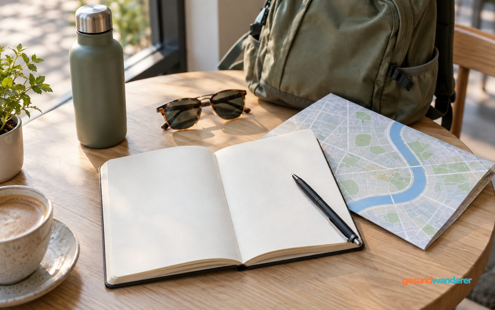 Notizbuch, schematischer Stadtplan und Tagesrucksack auf einem Tisch