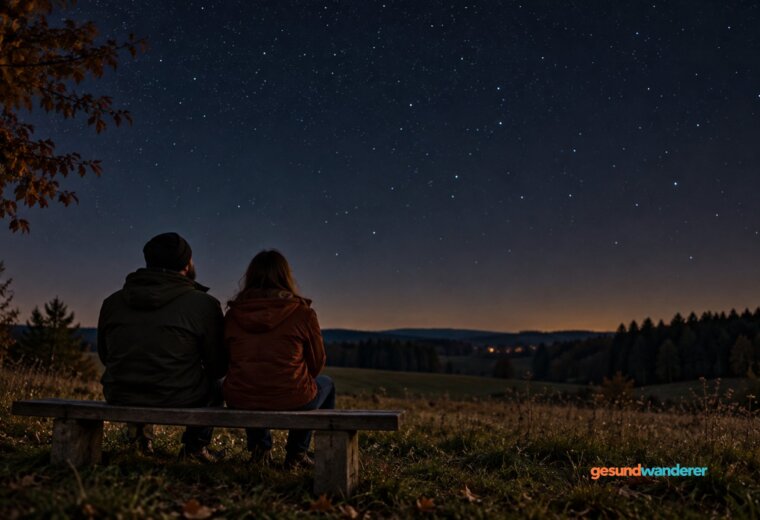 Zwei Menschen sitzen abends auf einer Bank und betrachten den Sternenhimmel