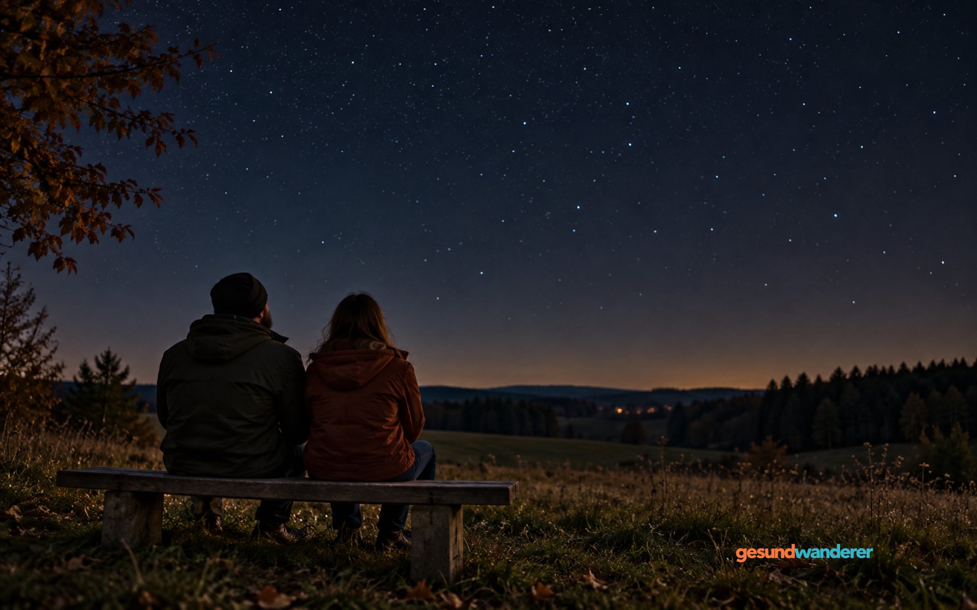 Zwei Menschen sitzen abends auf einer Bank und betrachten den Sternenhimmel