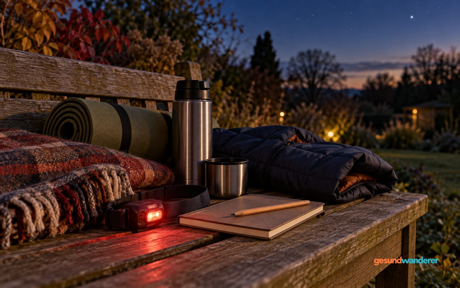 Decke, Sitzmatte, Thermosflasche und Stirnlampe auf einer Bank in der Dämmerung