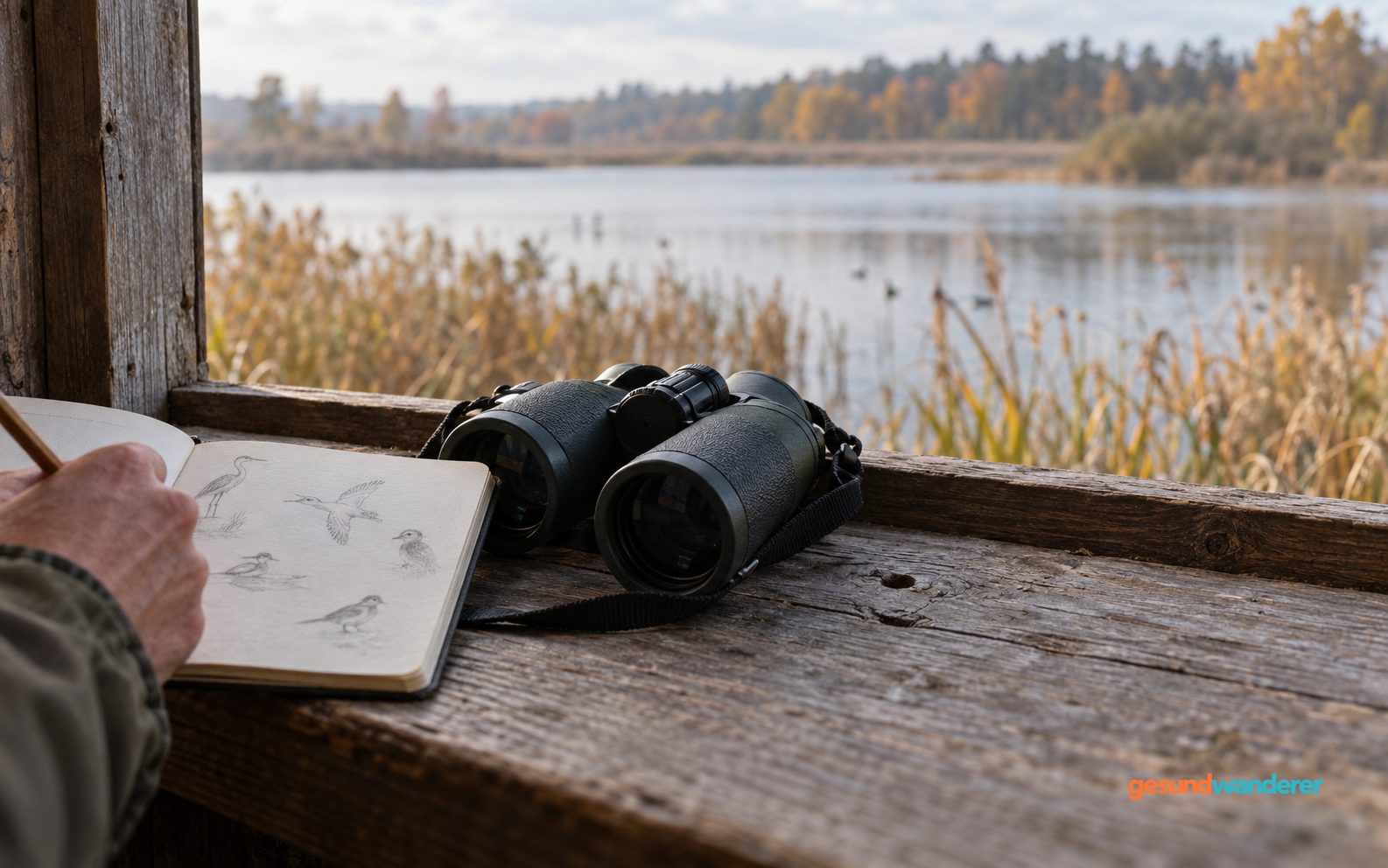 Fernglas und Notizbuch mit Vogelskizzen auf einer Holzablage am Wasser