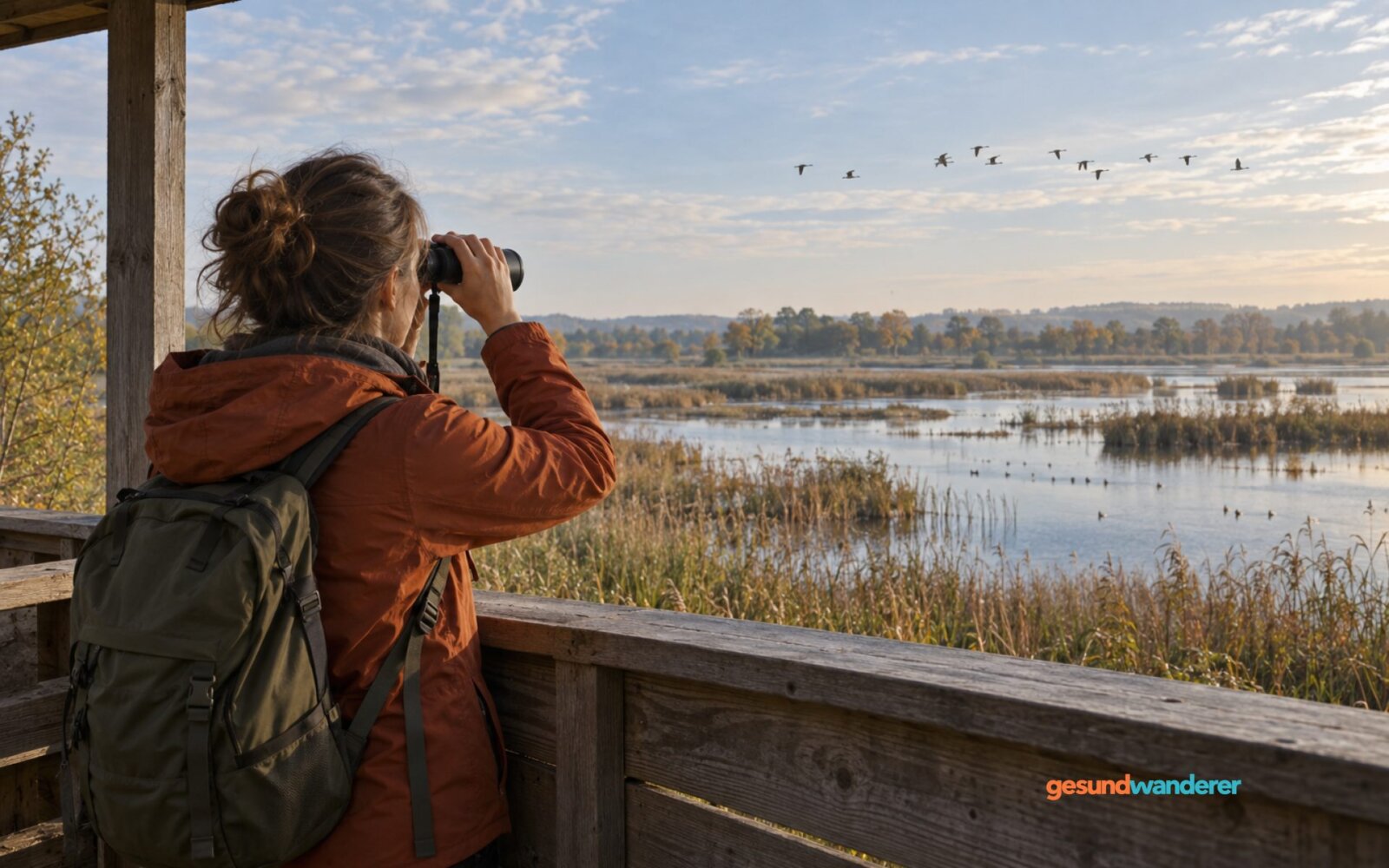 Frau beobachtet mit einem Fernglas Vögel über einer weiten Wasserlandschaft