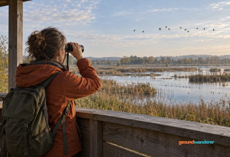 Frau beobachtet mit einem Fernglas Vögel über einer weiten Wasserlandschaft
