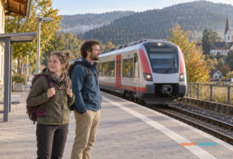 Zwei Wanderer mit Rucksäcken stehen auf einem Bahnsteig neben einem Regionalzug
