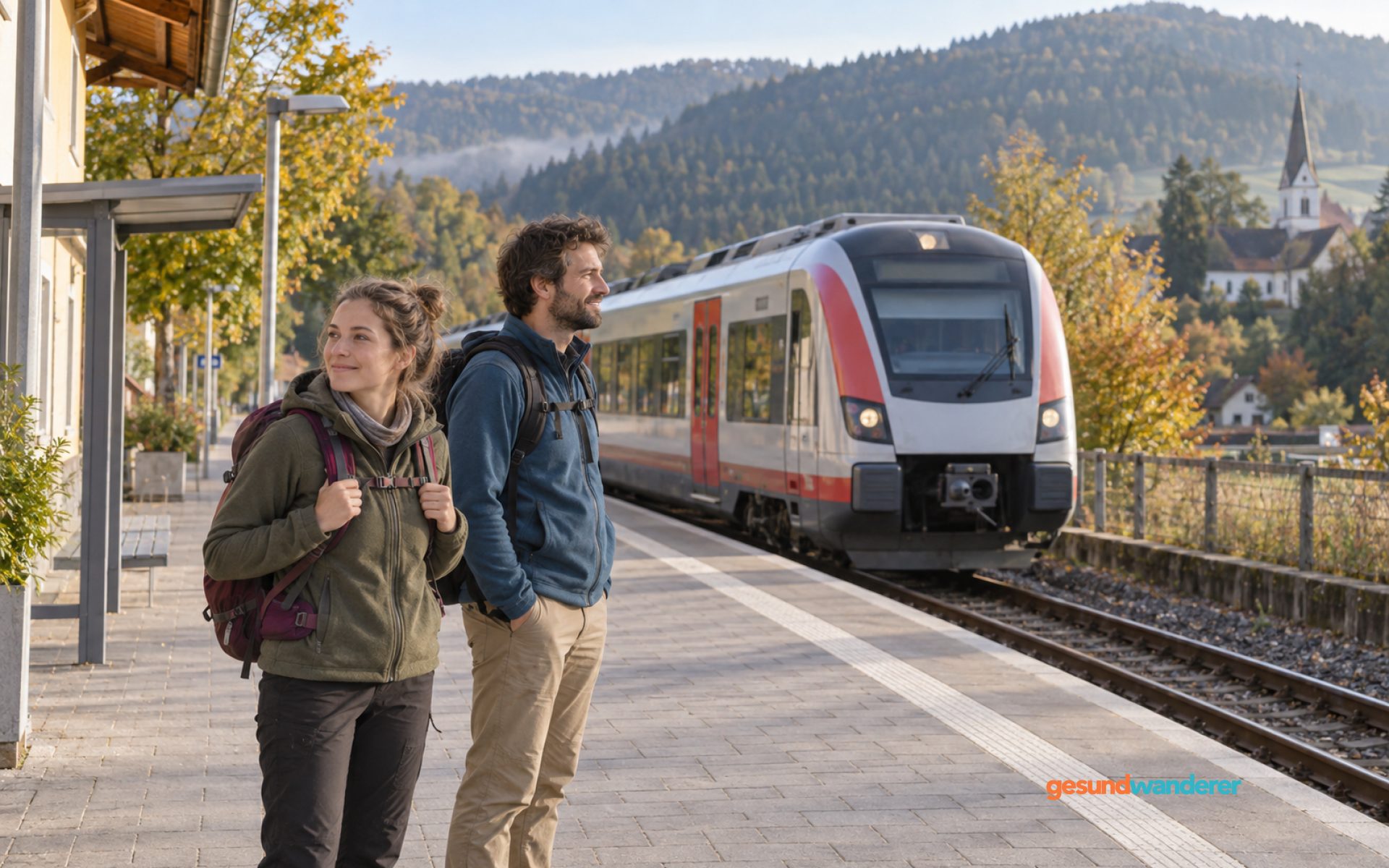 Zwei Wanderer mit Rucksäcken stehen auf einem Bahnsteig neben einem Regionalzug