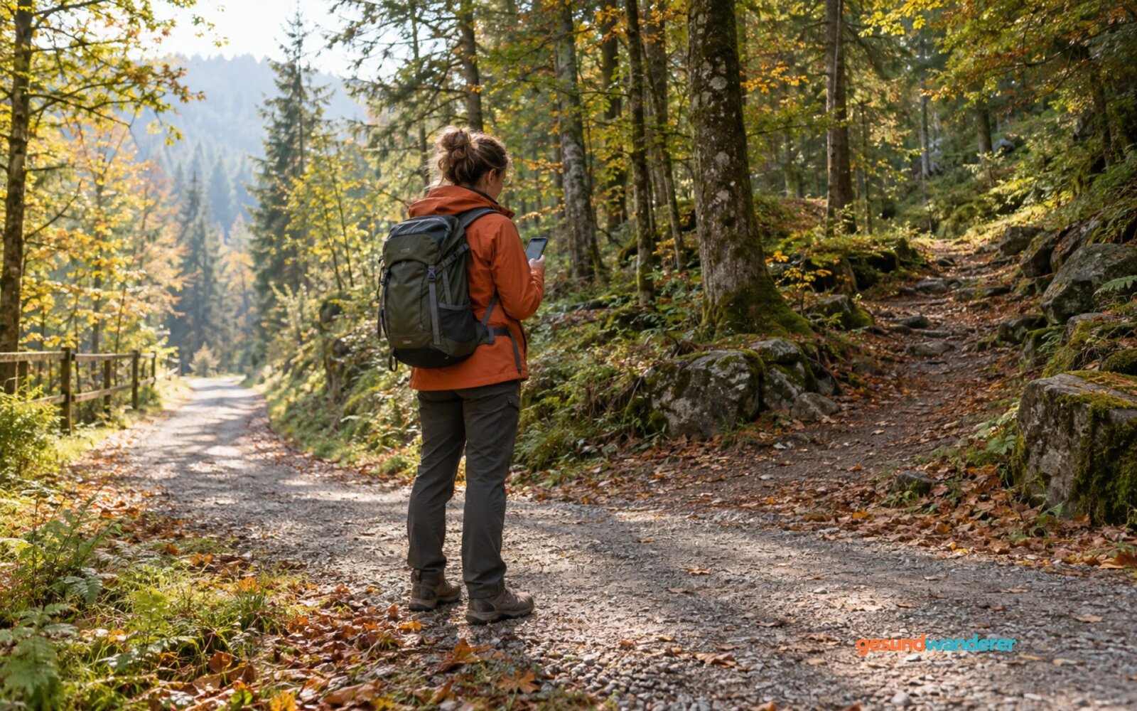 Wanderin prüft ihr Smartphone an einer Weggabelung im herbstlichen Wald