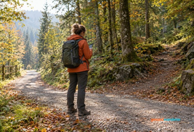 Wanderin prüft ihr Smartphone an einer Weggabelung im herbstlichen Wald