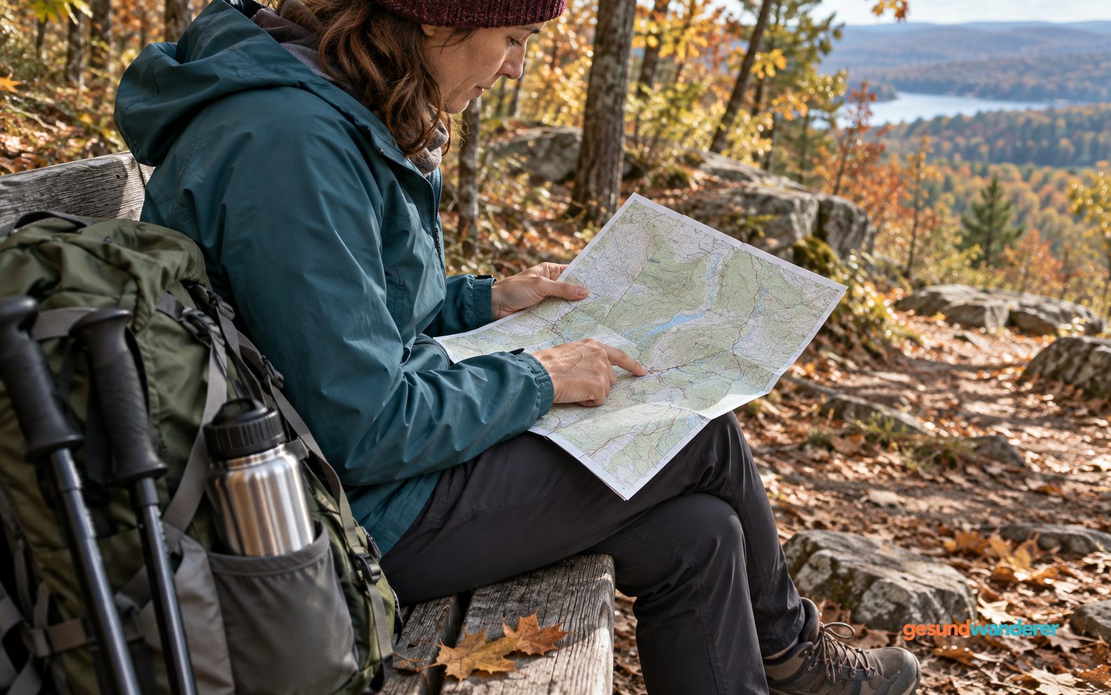 Wanderin prüft eine Karte auf einer Bank im Wald